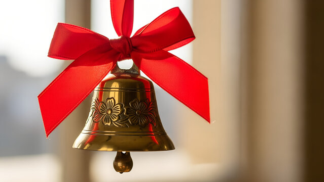 Golden bell with red ribbon hanging indoors for Knowledge Day  