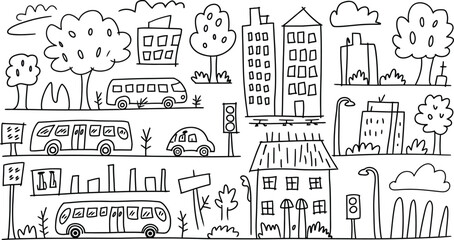 Hand Drawn Cityscape Illustration, Buildings, Buses, Cars, Trees, Roads and Urban Doodle Scene, vector illustration