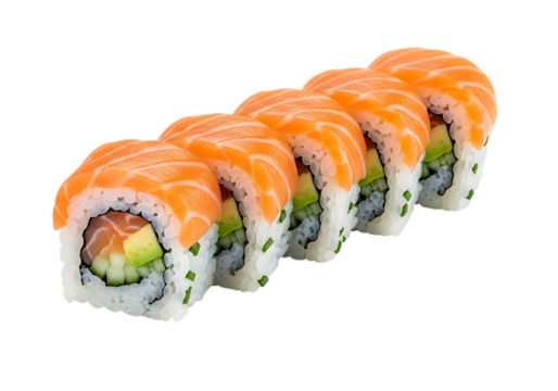 Delicious salmon avocado sushi rolls arranged artfully on a black background for a professional food presentation