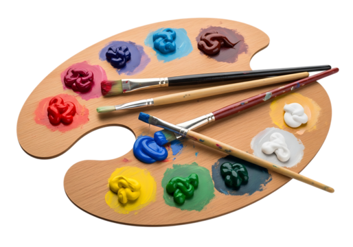 A wooden artist s palette with vibrant oil paints and brushes ready for creative expression