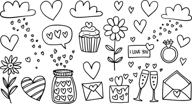 Hand drawn love and valentine doodle set. Hearts, flowers, clouds, ring, and romantic elements vector illustration