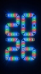 Happy New Year 2026 Colorful LED Light Numbers on Black Background