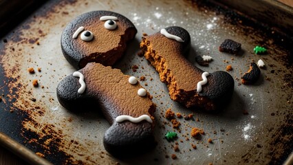 Close-up View of Burnt Gingerbread Man Cookies Scattered on a Greasy Baking Sheet.