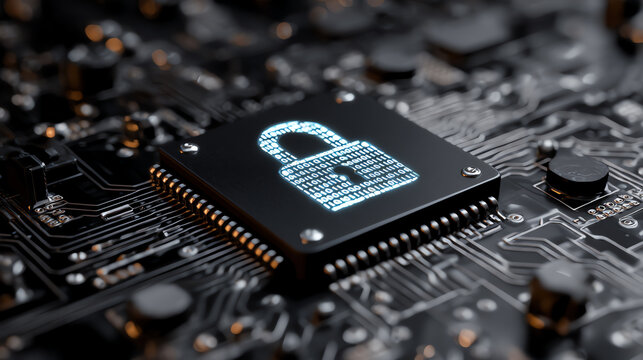Close-up of a computer chip with a digital lock symbol, representing cybersecurity and data protection.