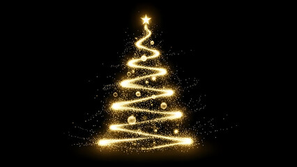 Abstract glowing Christmas tree formed by a magical swirl of golden light, sparkles, and glitter against a black background