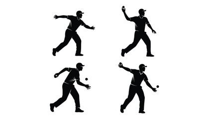 Obraz premium Four black silhouettes of a man playing bocce or petanque, demonstrating various throwing actions