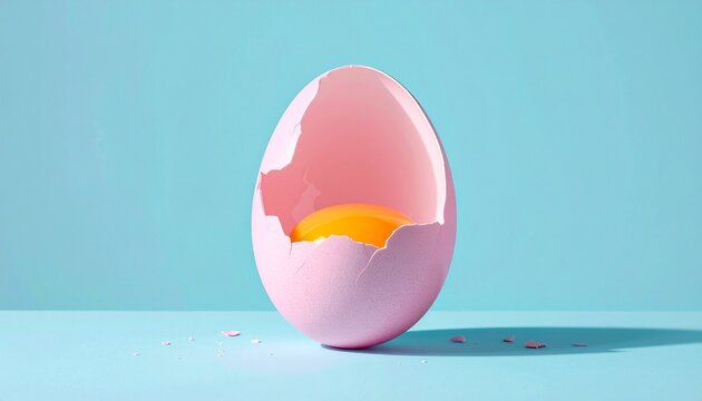 A large pink egg with broken shell revealing orange yolk, placed on light blue surface with matching background.