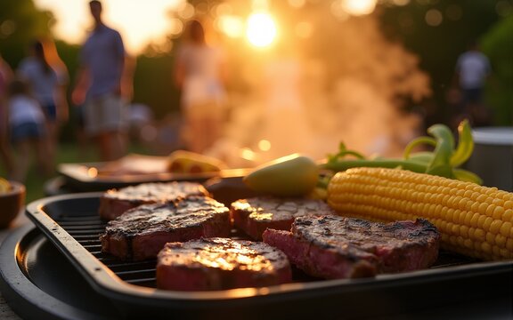 Delicious Summer BBQ Feast with Grilled Steaks and Corn on the Cob at Sunset Outdoor Gathering. High quality