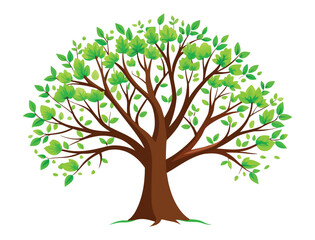 Obraz premium Illustration of a stylized tree with brown trunk and branches and green leaves on white background 