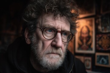 A middle-aged artist working intently in a bright studio filled with artwork.