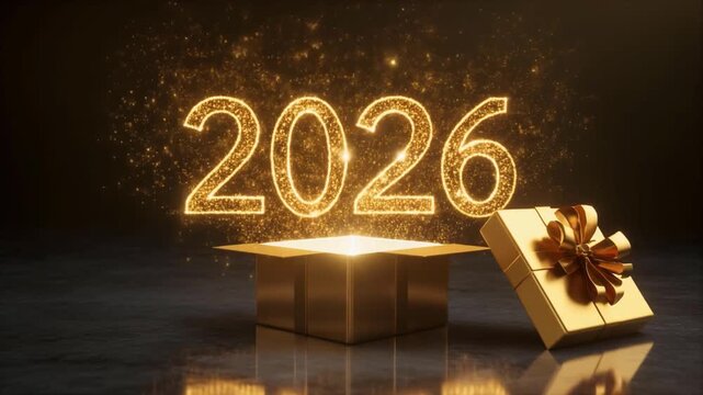 Luxury gold gift box on a reflective surface slowly opens, releasing glowing particles that form the number &lsquo;2026&rsquo;, dramatic lighting and smooth cinematic camera move.