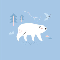 Cute Hand-Drawn Polar Bear Illustration with Stars for Nursery Decor.