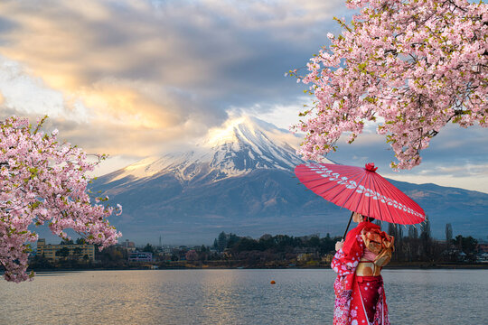 A beautiful Japanese girl in a kimono holding an umbrella, with Mount Fuji on the lakeside in the background and cherry blossoms in full bloom in spring.