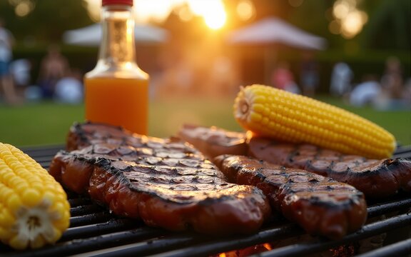 Delicious Summer BBQ Feast with Grilled Steaks and Corn on the Cob at Sunset Outdoor Gathering. High quality