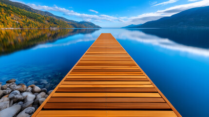 Obraz premium Soft Sunrise Over Calm Scandinavian Fjord with Mist and Wooden Pier