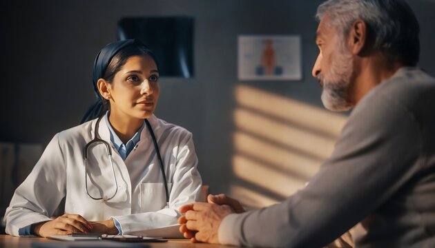Compassionate middle eastern female doctor and stethoscope consulting a senior male patient, patient care and communication