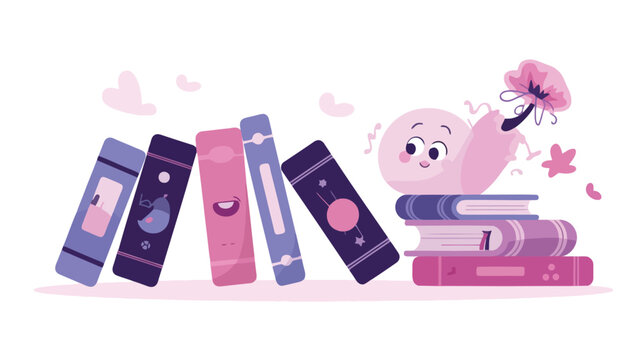 Whimsical bookshelf illustration with colorful imaginative books and decorative elements