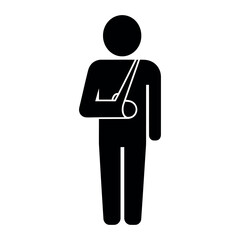Medical symbol of a person with a broken arm in a sling isolated on white background