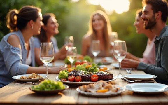 Backyard dinner table have a tasty grilled BBQ meat, Salads and wine with happy joyful people on background. High quality - Powered by Adobe