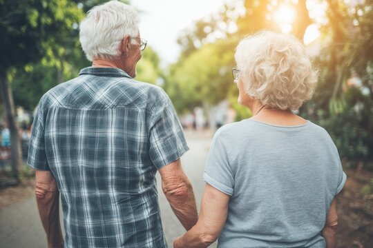 A senior couple enjoying a walk together in a peaceful park during sunset. - Powered by Adobe