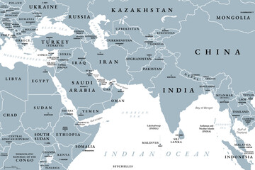 West Asia and South Asia, gray political map with countries, international borders and capitals. Western or Southwest Asia, with the Middle East, and South Asia, with the Indian subcontinent. Vector