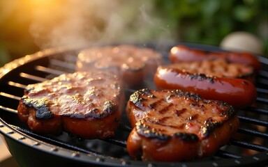 Joyful Australian Day barbecue  sizzling steaks and sausages in a festive atmosphere. High quality
