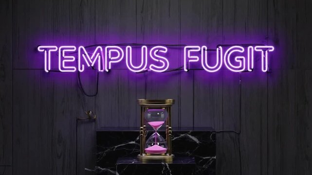 Neon sign of "tempus fugit".