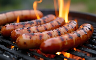 Grilled sausages on barbecue with flames showcasing a barbecue picnic setting perfect for outdoor gatherings and food promotions. High quality