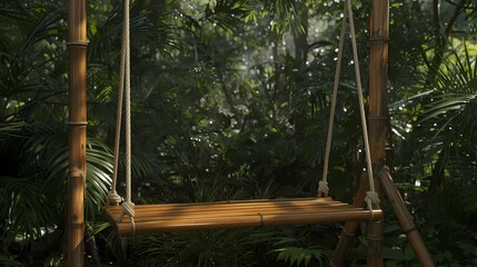 Bamboo swing in lush tropical jungle.