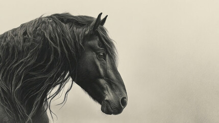 Banner with a portrait of a black horse on a plain background