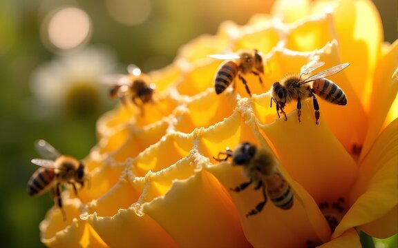 Honeycomb (Summer Nature) – A close-up of golden honeycomb structures, glistening in the warm sunlight, with bees buzzing around in a lively summer garden. High quality