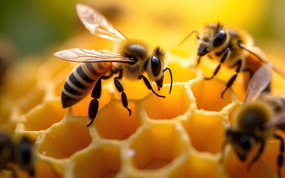 Honeycomb (Summer Nature) – A close-up of golden honeycomb structures, glistening in the warm sunlight, with bees buzzing around in a lively summer garden. High quality