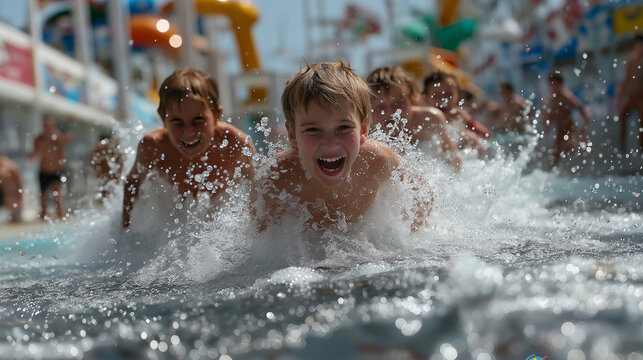 happy children in an aqua park, swimming and sliding down slides, water splashing in all directions, a family on vacation