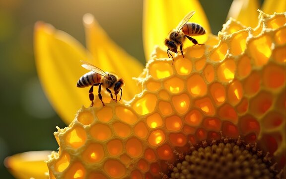 Honeycomb (Summer Nature) – A close-up of golden honeycomb structures, glistening in the warm sunlight, with bees buzzing around in a lively summer garden. High quality