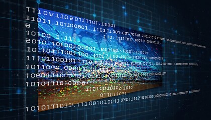 Obraz premium Abstract image of digital code and colorful data streams transitioning into a wide screen, big data, computing, and digital transformation