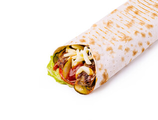 Delicious wrap filled with grilled meat and fresh vegetables