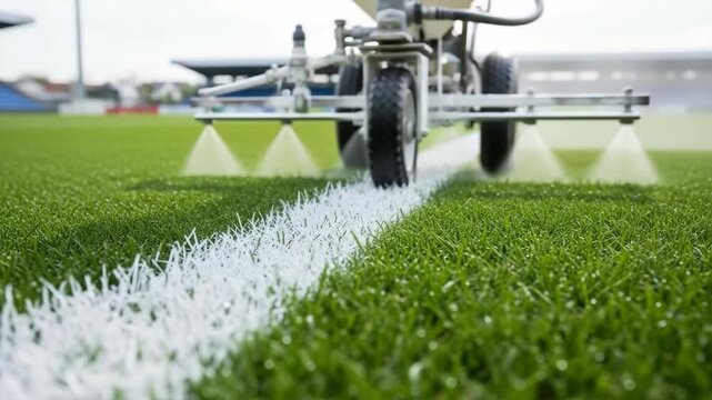 A specialized machine precisely paints a white line onto a vibrant green grass field, creating a boundary.