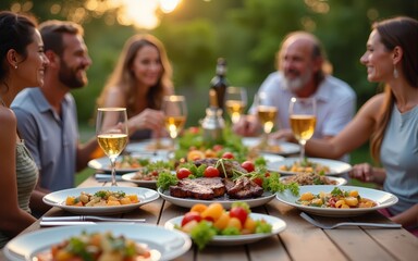 backyard dinner table have a tasty grilled bbq meat salads and wine with happy joyful people on background. High quality