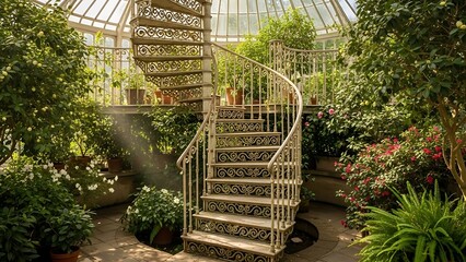 Ornate Spiral Staircase in a Lush Greenhouse with Sunlight conservatory wrought iron