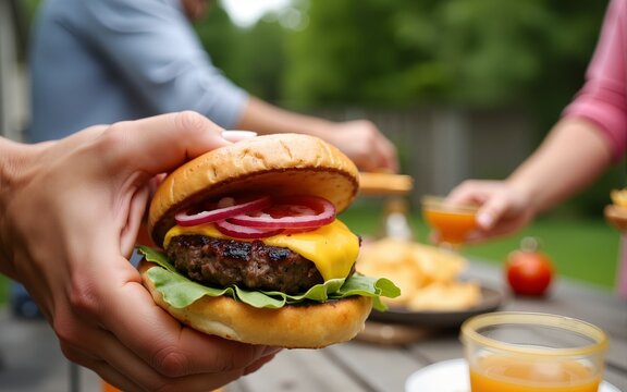 Backyard BBQ  Summer Fun  Burgers  Friends  Drinks  Outdoor Party. High quality