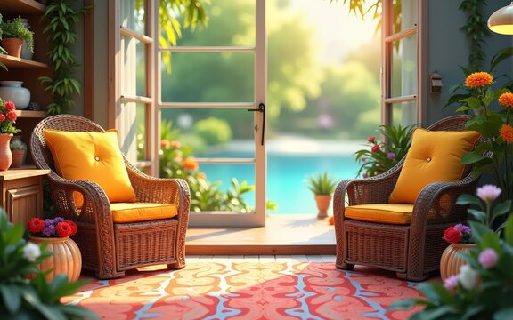 Summer selection, vibrant colors, joyful scenes, cozy setting, inviting. High quality