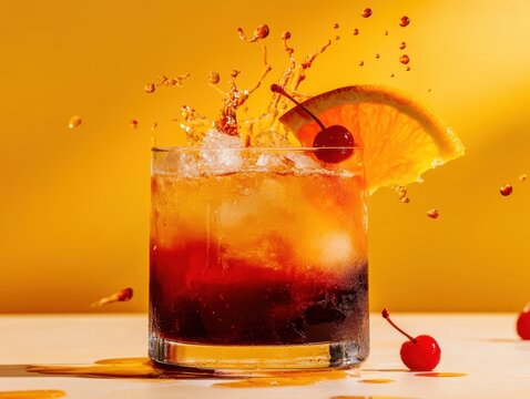 Refreshing cocktail with splash and vibrant fruit garnishes on a bright yellow background - Powered by Adobe