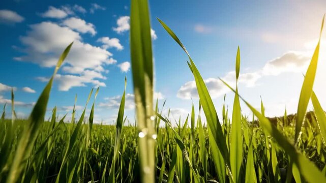 Low angle view of vibrant green young wheat or grass shoots growing in a field under a bright blue sky with white clouds and sun flare