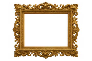 Ornate gold picture frame with intricate baroque carving design, an antique golden border for art, isolated with transparent background