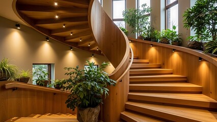Warm Wooden Spiral Staircase with Integrated Lighting and Lush Plants interior architecture