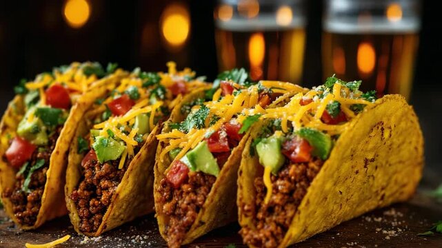 Cinematic View of Four Tacos with Ground Meat Toppings and Two Beer Mugs on a Wooden Platter Illuminated by Soft Lighting Against Dark Background