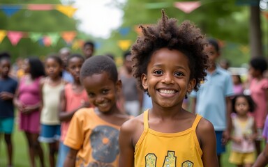 A joyful Juneteenth celebration with families gathered in a park, colorful decorations, and smiling faces, captured in HD. High quality
