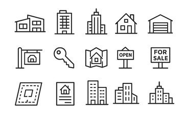 Fototapeta premium Real estate icons: buildings, homes, properties, sale, and navigation symbols