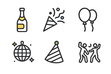 Fototapeta premium Party icons: champagne, confetti, balloons, disco ball, party hat, dancing