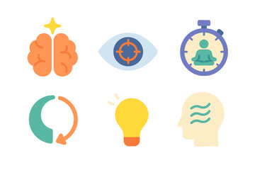Colorful symbols of brain, eye, stopwatch, arrow, light bulb, head on gradient background